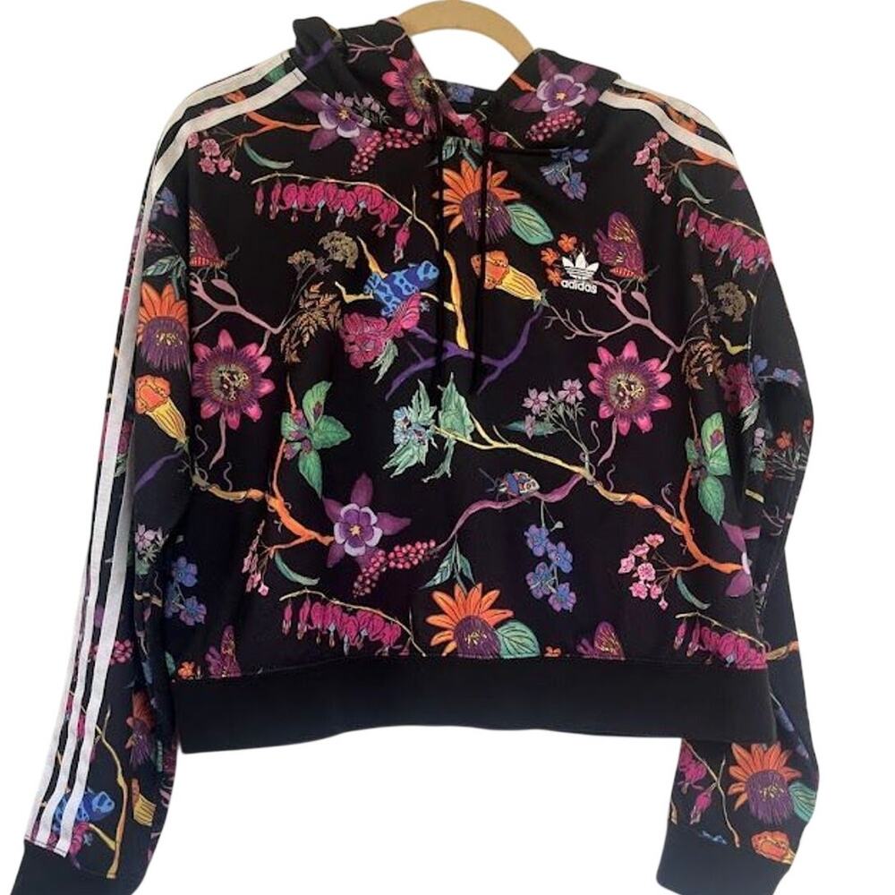 Adidas Poisonous Garden Floral Cropped Hoodie Sweatshirt Logo 3 Stripes RARE S